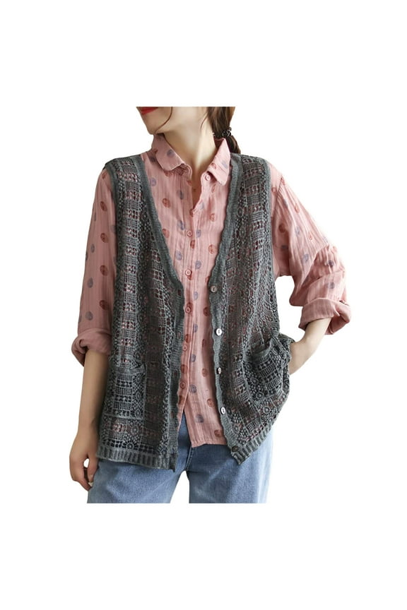 Women's Sweater Elegant Vest Women's Lace Weaving Hollow Weaving Flower Pattern Front Opening Vest Sleeveless Top Large Size Thin Loose Sleeveless Full Pattern Work Grey