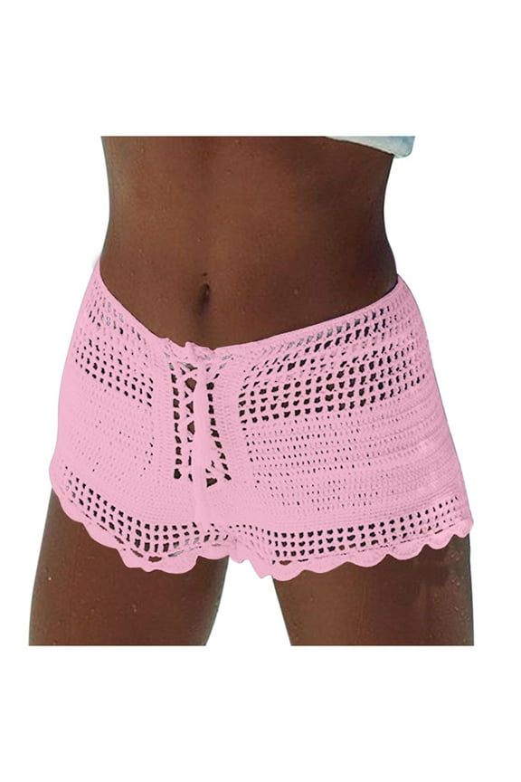 Women's Swimwear Bottoms Swim Skirt Swimsuit Bottom Shorts Summer Solid Color Knitted Sexy Hollow Out Drawstring Beach Bathing Suit Bottoms for Women Pink Size M