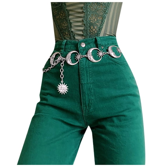 2DXuixsh Womens Belts Western Metal Concho Belt for Women Cow Girl Chain Belts for Dresses Jeans Punk Gothic Vintage Hop Sun Moon High Waist Metal Belts Silver