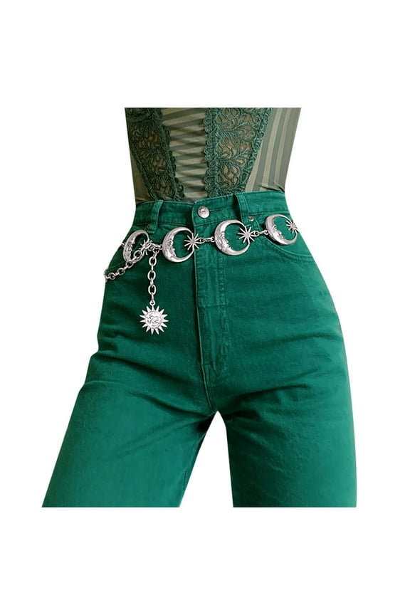 Womens Belts Western Metal Concho Belt for Women Cow Girl Chain Belts for Dresses Jeans Punk Gothic Vintage Hop Sun Moon High Waist Metal Belts Silver