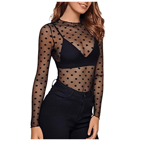 2DXuixsh Womens Blouses Tops Elegant Women's Mesh Top Long Sleeve Sexy Sheer Top See Through Shirt Mesh Blouse Tee Tops for Clubwear Bk1 Size S