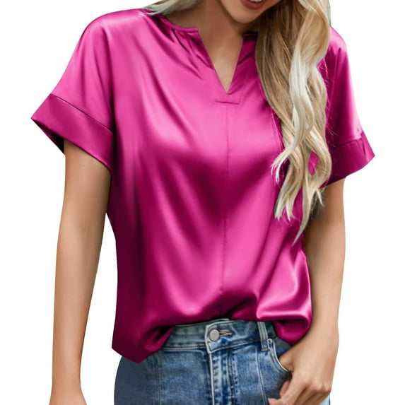 2DXuixsh Womens Blouses Women's Spring Summer Top Satin Solid Color V Neck Short Sleeve T Shirt Women Shirts Dressy Casual Outfits Rd1 Size Xl