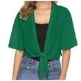 thumbnail image 1 of 2DXuixsh Womens Cardigan Sweaters Simple Women Tie Front Chiffon Short Sleeve Cropped Sheer Bolero Cardigan Crew Neck Classic Sweater Knit Cardigan Green Size L, 1 of 6