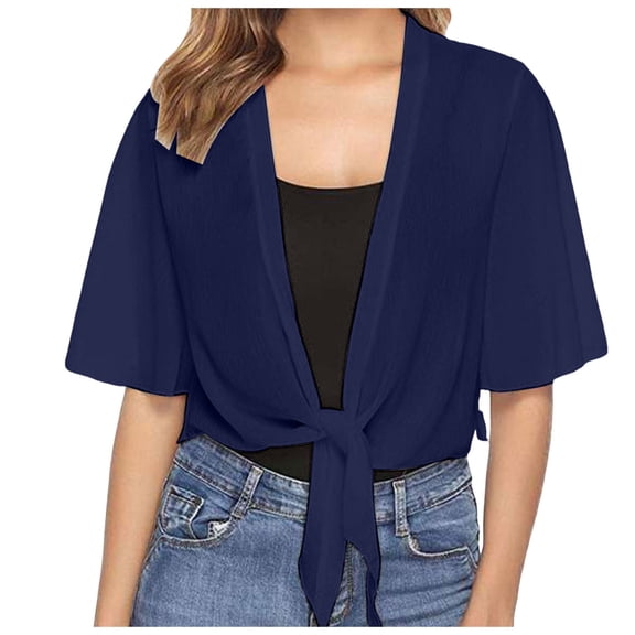 2DXuixsh Womens Cardigan Sweaters Simple Women Tie Front Chiffon Short Sleeve Cropped Sheer Bolero Cardigan Crew Neck Classic Sweater Knit Cardigan Navy Size M