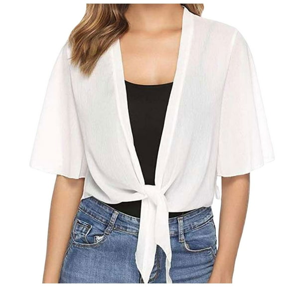 2DXuixsh Womens Cardigan Sweaters Simple Women Tie Front Chiffon Short Sleeve Cropped Sheer Bolero Cardigan Crew Neck Classic Sweater Knit Cardigan White Size M