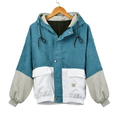 2DXuixsh Womens Jacket Women Long Sleeve Corduroy Patchwork Oversize Jacket Windbreaker Coat Overcoat Lightweight Jacket Fashion Fall Outerwear Blue Size L