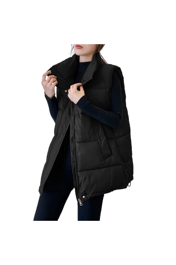 Womens Plus Vest Jackets Women Autumn and Winter Casual Solid Color Warm Belt Pocket Padded Vest Tan Coat Plus Puffer Vest Women Nylon Black M