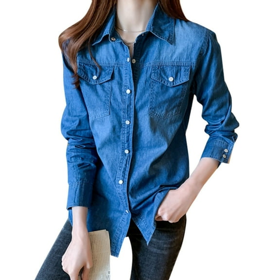 2DXuixsh Womens Shirts Vintage Summer Womens Denim Shirts Ladies Blouses Cotton Linen Lapel Rolled Sleeve Button Shirt Tee Shirt Blue Size S
