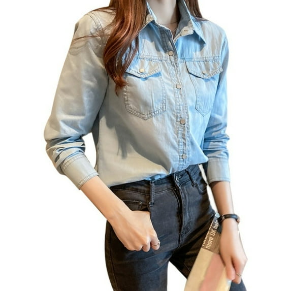 2DXuixsh Womens Shirts Vintage Summer Womens Denim Shirts Ladies Blouses Cotton Linen Lapel Rolled Sleeve Button Shirt Tee Shirt Light Blue Size Xl