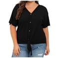 thumbnail image 1 of 2DXuixsh Womens Shirts Womens Plus Size Tops Short Sleeve V Neck Knit Tunic Blouse Tie Front Button up T Shirts Shirts for Women Black Size L, 1 of 1