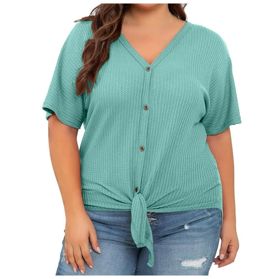 2DXuixsh Womens Shirts Womens Plus Size Tops Short Sleeve V Neck Knit Tunic Blouse Tie Front Button up T Shirts Shirts for Women Mint Green Size Xl
