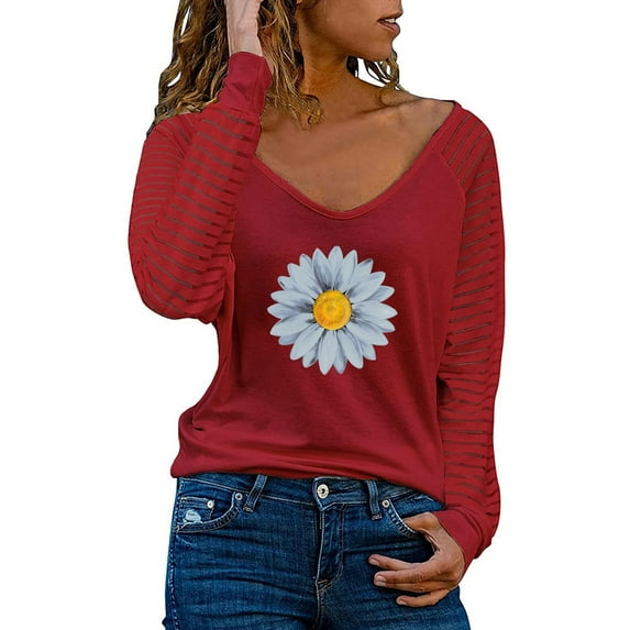 2DXuixsh Womens T Shirts Short Sleeve Loose Fit Women Casual Daisy Print Prints Print T Shirt Women Splice Sleeve Fall Shirt V Neck Graphic Tees Tops Blouse Womens Thermal Pajama Top Polyester Red Xl