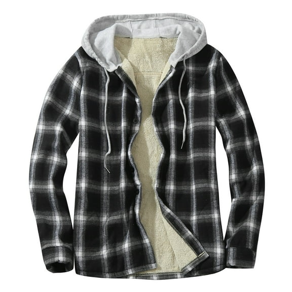 2DXuixsh Work Jackets for Men Insulated Mens Autumn and Winter Fashion Plaid Single Sided Velvet Pocket Hooded Buckle Composite Coat Jacket Thick Coat Flannel Hoodies Men Black M