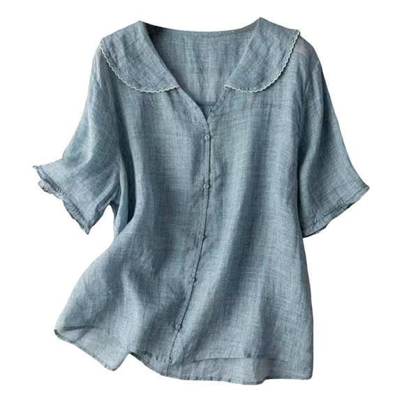 2DXuixsh Yoga Top Simple Women's Casual Thin Shirts Cotton Linen Solid Color College Style Tops Loose Comfy Tee Lightweight Cute Blouse Blue Size L