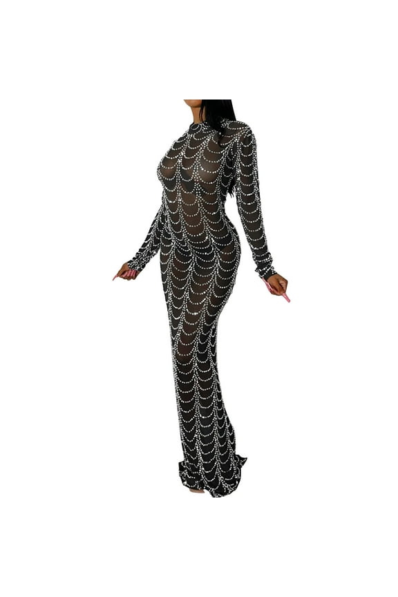 Young Ladies Dresses Women's Elegant Fancy Long Gown Transparent Hollow Out Slim Fit Evening Dress Rhinestone Mesh Trendy Long Sleeve Dress Lady Mini Dress Polyester Black Xl