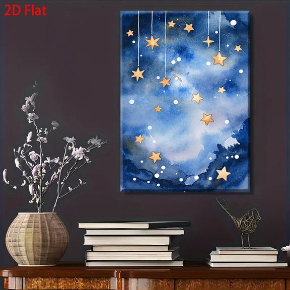 2Dins Style Night Sky Star Wall Art - Framed Blue & Golden Starry Night Painting with Twinkling Stars, Deep Navy to Light Turquoise Gradient, Bedside Decor, Rhyme Room & Living Room Background Wall