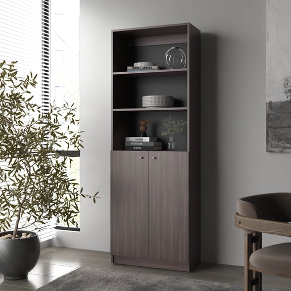 2Door Bookcase with Open Storage, Closed Back 71 Inch Tall Bookcase Cabinet, Stained Walnut Shelves for Living Room Home Office
