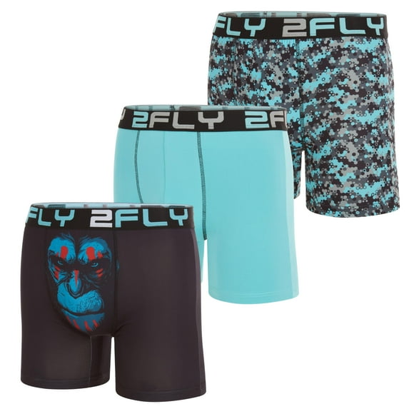 2FLY Men's Boxer Briefs 3-Pack Ultra Soft , Active Stretch Underwear- Large, Blue Moneky and Camo Print