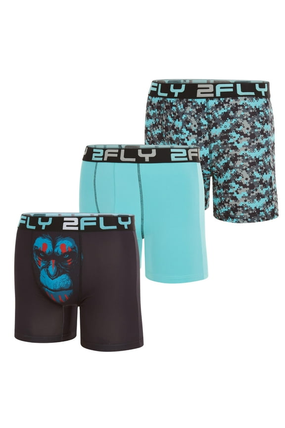 Men's Boxer Briefs 3-Pack Ultra Soft , Active Stretch Underwear- Large, Blue Moneky and Camo Print