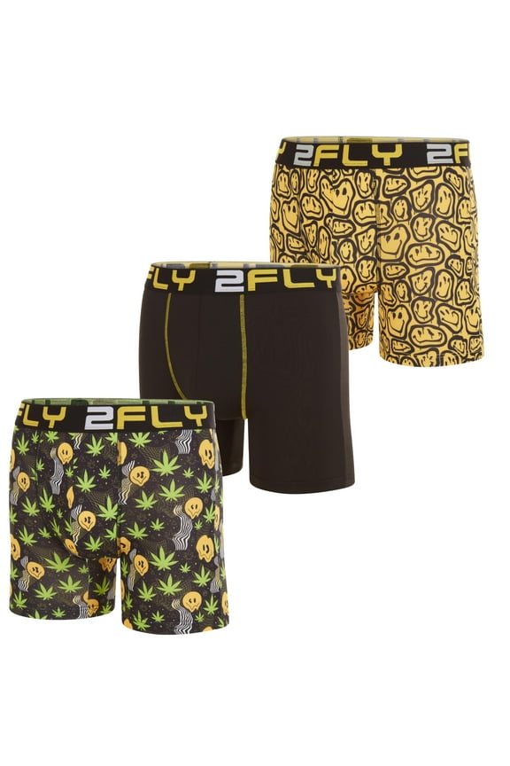 Men's Boxer Briefs 3-Pack Ultra Soft , Active Stretch Underwear- Medium, Flower and Smiley Print