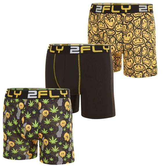 2FLY Men's Boxer Briefs 3-Pack Ultra Soft , Active Stretch Underwear- X- Large, Flower and Smiley Print