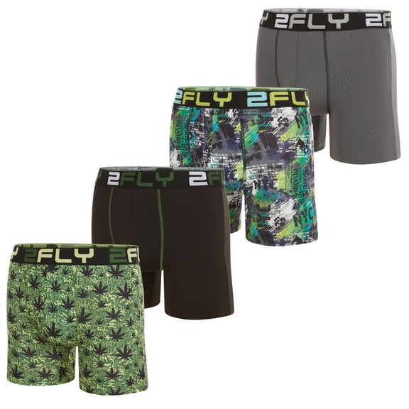 2FLY Men's Boxer Briefs 4-Pack Ultra Soft , Active Stretch Underwear- Large, Green Flower & NYC Print