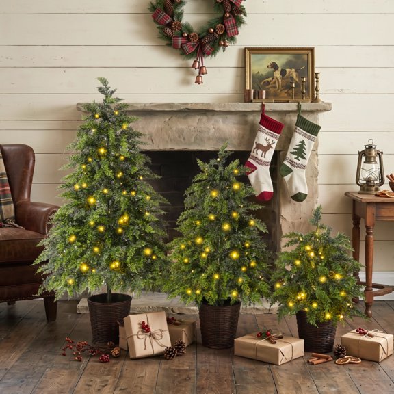 2FT, 3FT, 4FT, 3-Piece Pre-Lit Christmas Tree Set with Warm Glowing Lights, Sturdy Potted Base, and Full Cascading Branches for Layered Holiday Dcor