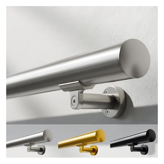 2FT Aluminum Handrail Kit for Indoor/Outdoor Stairs (218 FT Available) 1.6" Round Wall Mount Stair Railing, Stainless Steel Look, with Adjustable Steel Brackets Complete DIY Grab Bar Kit