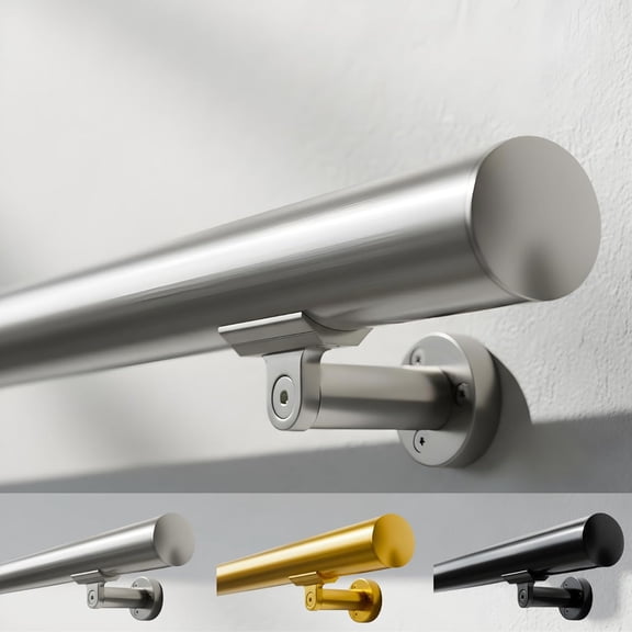 2FT Aluminum Handrail Kit for Indoor/Outdoor Stairs (218 FT Available) 1.97" Round Wall Mount Stair Railing, Stainless Steel Look, with Adjustable Steel Brackets Complete DIY Grab Bar Kit