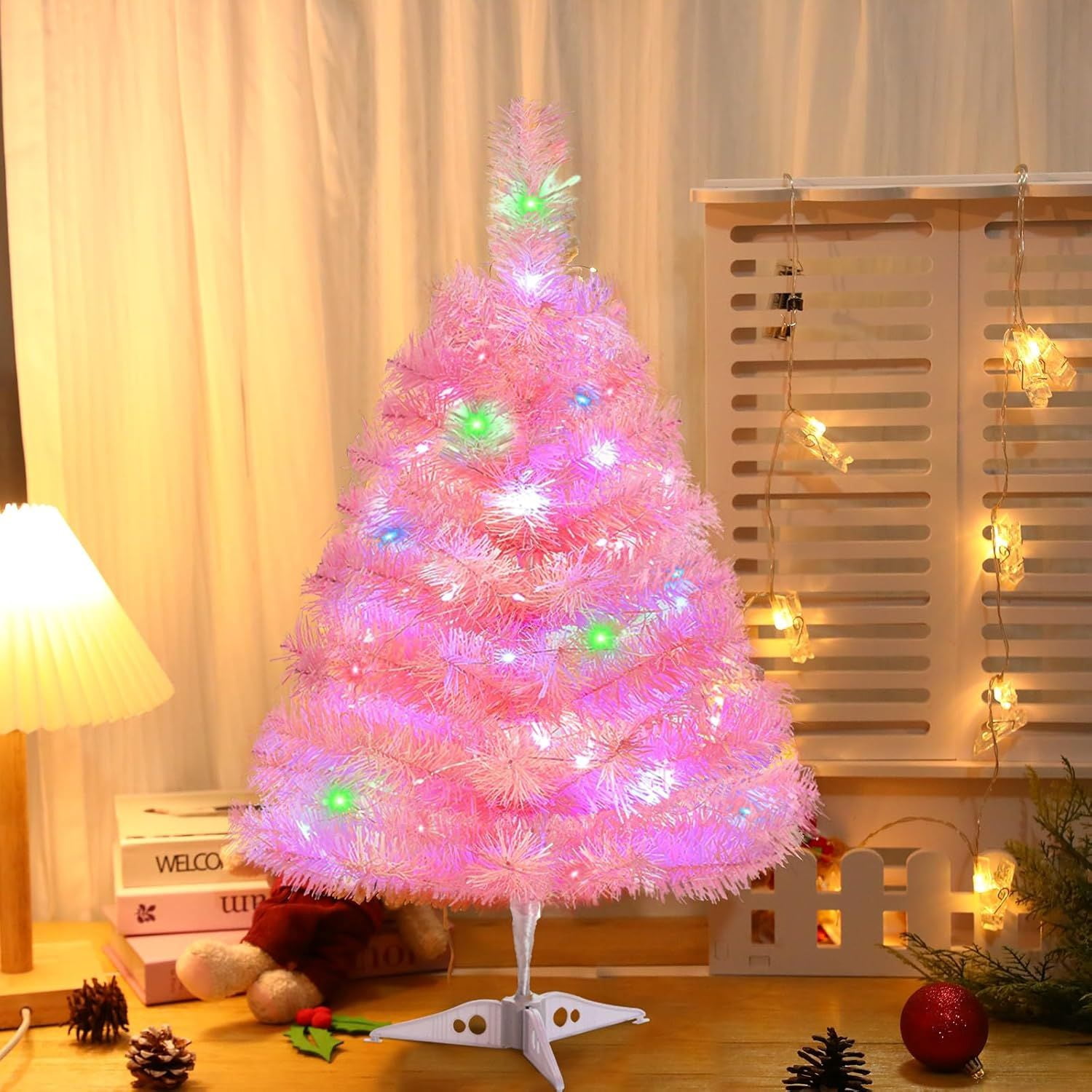 2FT Artificial Christmas Tree with Lights, Lighted Pink Tabletop Christmas Tree with Plastic Stand Light Up Battery Operated Mini Xmas Tree for Party Indoor Outdoor Holiday Home Decoration