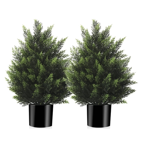 2FT Artificial Cedar Topiary Tree with Pot, UV Resistant Fake Pine Tree, Outdoor Indoor Decor for Front Porch Patio Garden, No Maintenance Faux Evergreen Greenery(2 Pack)