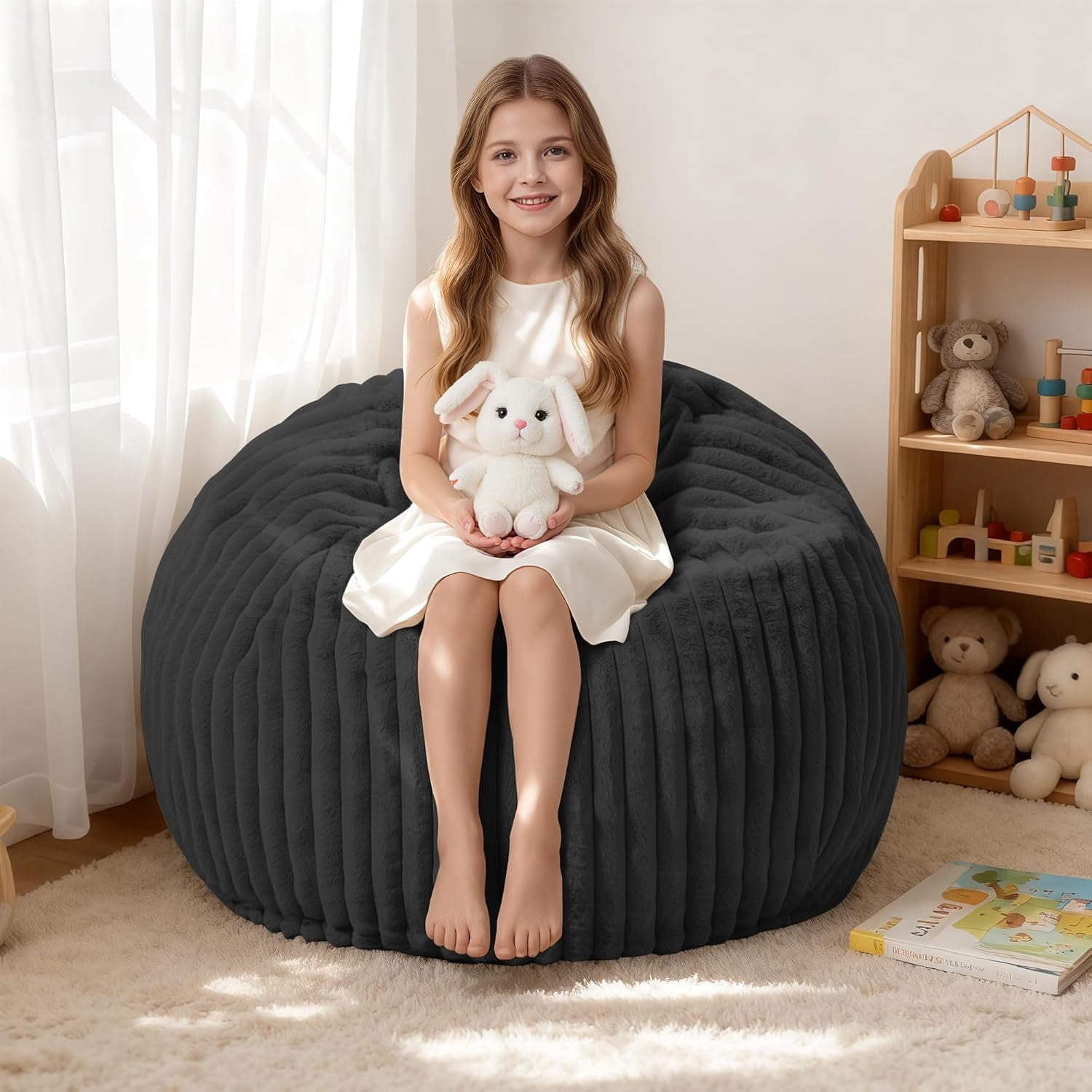 2FT Bean Bag Chair, 2' Bean Bag Chairs with Memory Foam Filled, Small Comfy Beanbag Chair with Stripe Plush Cover for Living Room Bedroom Dorm, Black
