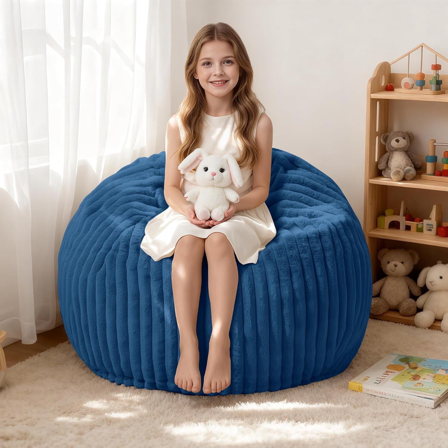 2FT Bean Bag Chair, 2' Bean Bag Chairs with Memory Foam Filled, Small Comfy Beanbag Chair with Stripe Plush Cover for Living Room Bedroom Dorm，Blue