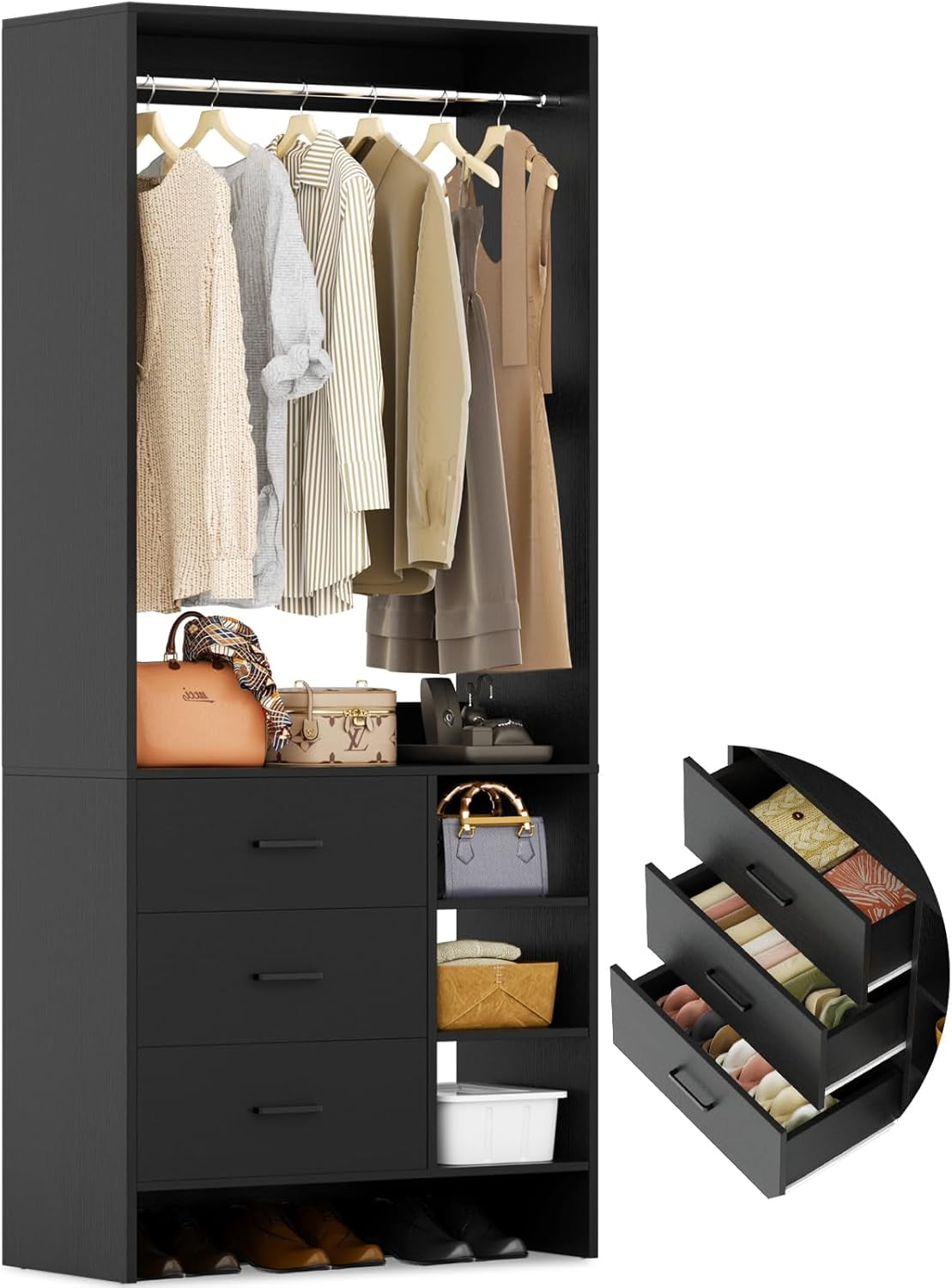 2FT Closet System with 3 Drawers 24\u2019\u2019 Closet Organizer Wood ...