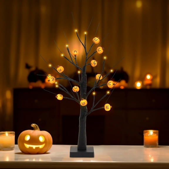 2FT Halloween Light-Up Tree with 12 Glowing Pumpkin Ornaments - Black Tabletop Decor, Battery/USB Powered LED Display for Indoor Festive Parties