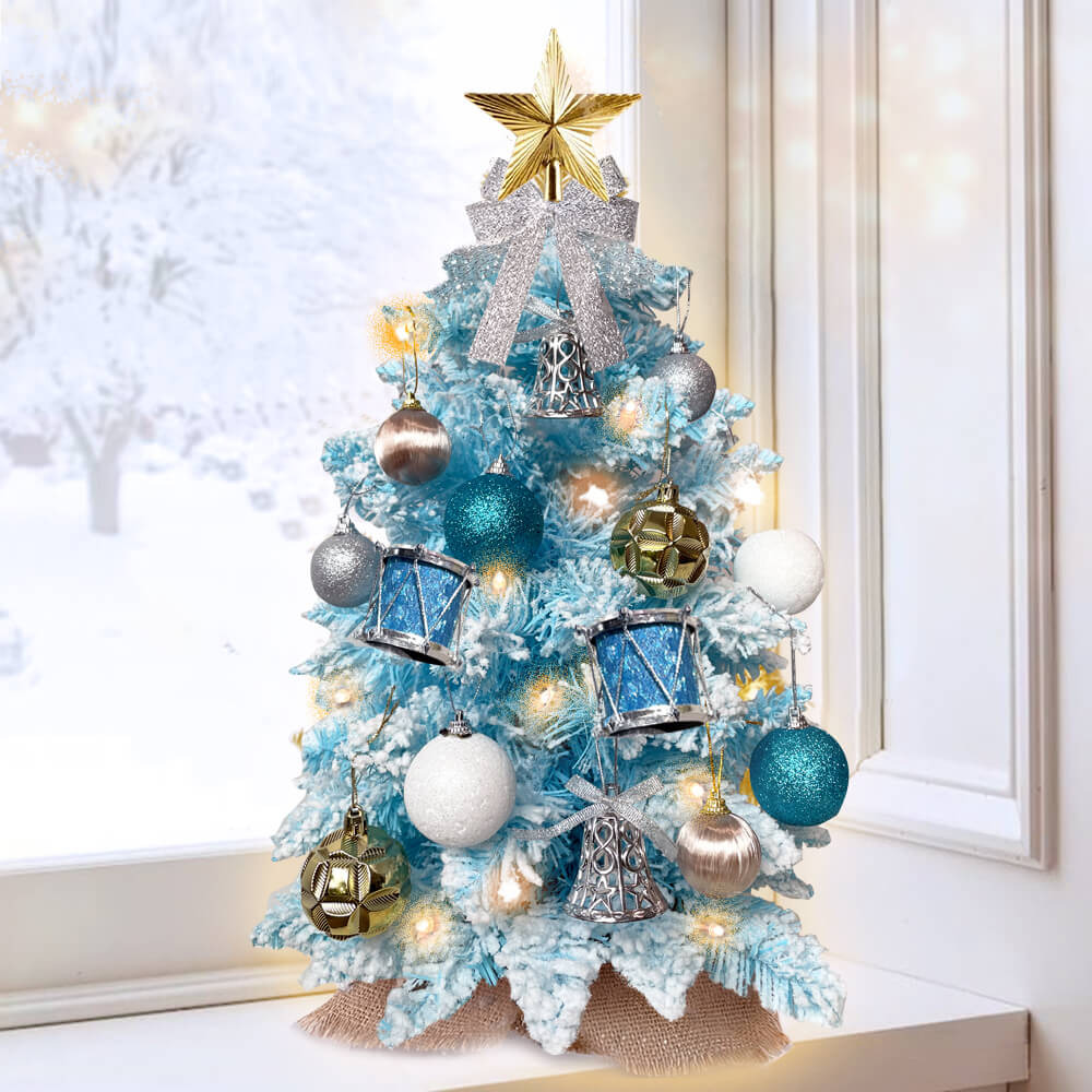 2FT Mini Christmas Tree, Snow Flocked Tabletop Christmas Tree with 10FT