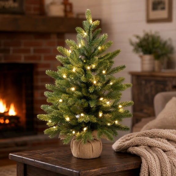 2FT Pre-Lit Artificial Mini Christmas Tree, 50 LED Warm White Tabletop Small Xmas Tree with Burlap Base for Desk Home Holiday Decor