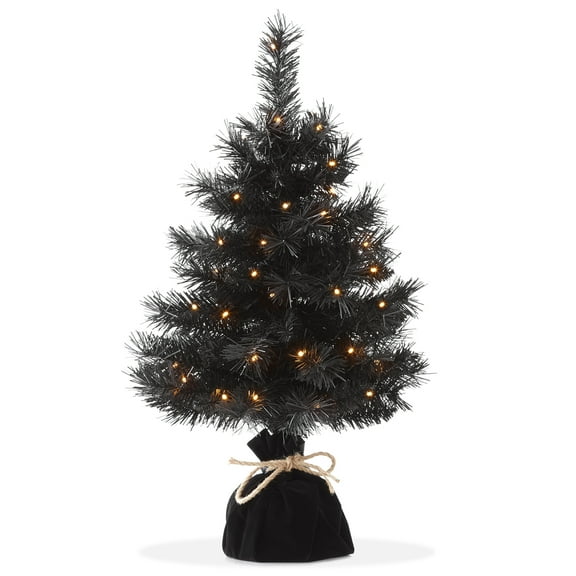 2FT Pre-Lit Artificial Mini Christmas Tree, Black Tabletop Tree with White Lights and Velvet Bag Base