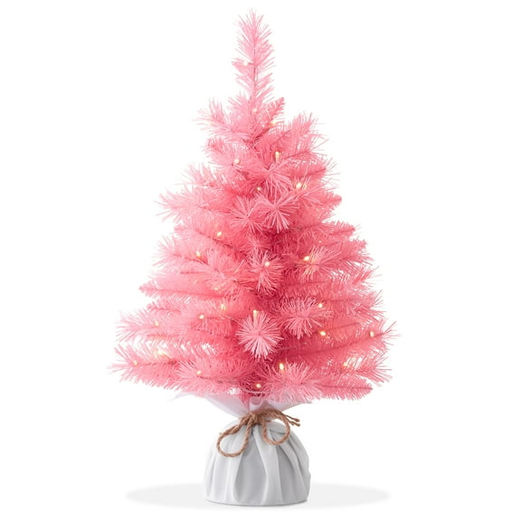 2FT Pre-Lit Artificial Mini Christmas Tree, Pink Tabletop Tree with White Lights and Velvet Bag