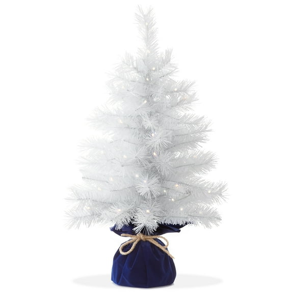 2FT Pre-Lit Artificial Mini Christmas Tree, White Tabletop Tree with White Lights and Velvet Bag