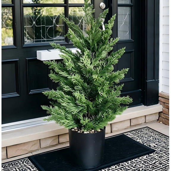 2FT Premium Artificial Christmas Topiary Tree, 1pc Unlit Faux Pine Cedar Shrub with Stable Pot, Realistic Fake Holiday Plant for Outdoor Porch Garden