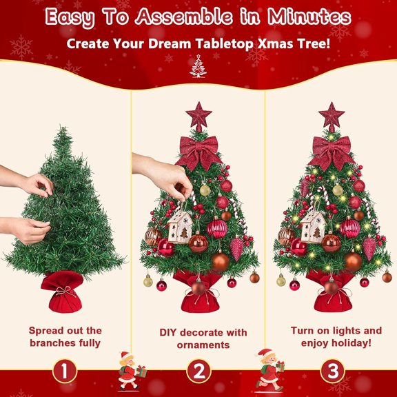 2FT Small Christmas Tree with Lights Top Christmas Tree with DlY Ornaments Full Realistic Cute Artificial Mini Xmas Trees with 20 LED Globe Lights Stable Base for Holiday Home Decor