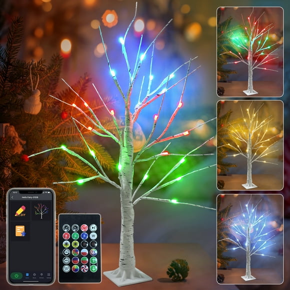 2FT Smart Birch Tree Lights DIY Color Changing LED Twinkle Tree for Table Chasing Effect App Control RGB Fairy Lights Spirit Tree Lamp for Home USB Operated