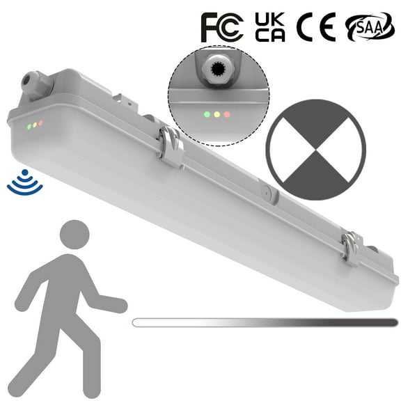 2FT Tri-Level Motion Sensor LED Vapor Tight Emergency Light, Battery Backup, IP65 IK08, 10W(1250lm)/20W(2500lm),5000K, Dimmable,Outdoor Waterproof Shop Light,Vapor Proof Light Fixture for Carport,FCC