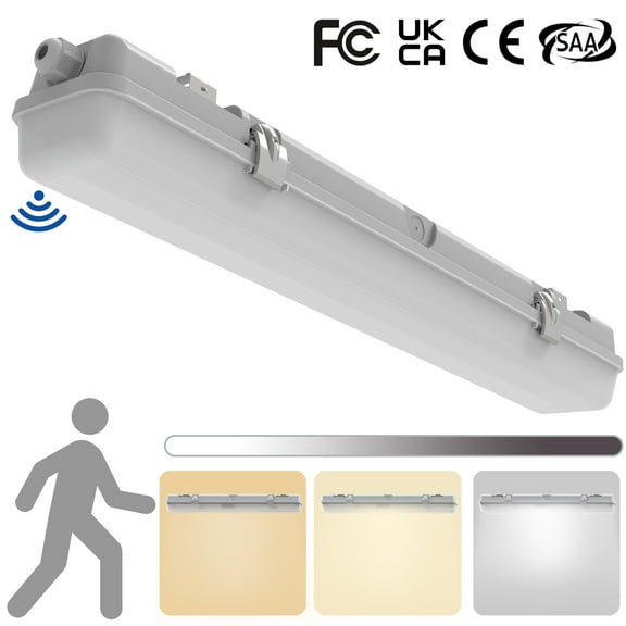 2FT Tri-Level Motion Sensor LED Vapor Tight Light, IP65 IK08, 10W(1250lm)/20W(2500lm), 3/4/5000K CCT Selectable, 100-277V, Dimmable, Outdoor Waterproof Shop Light, Vapor Proof Lighting Fixture, FCC
