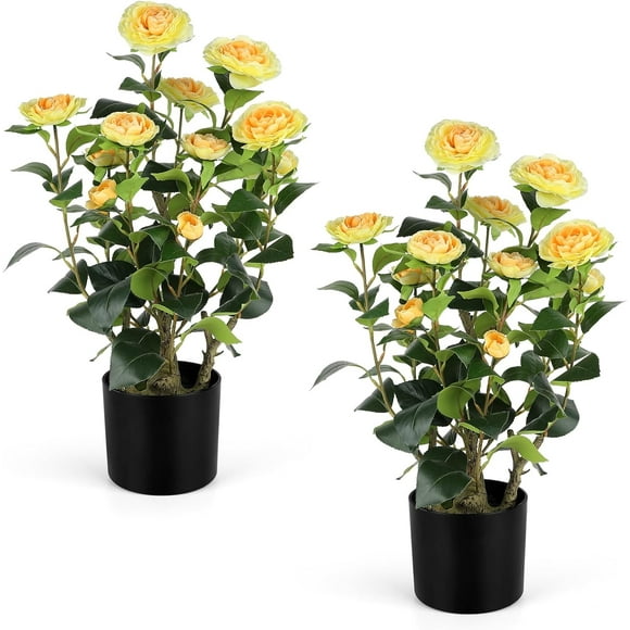 2FT Yellow Artificial Camellia Tree 2Pack, Faux Camellia Plant Fake Potted Camellia Flower Tree for Modern Home Office Living Room Floor Décor