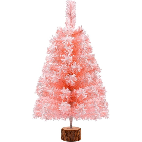 2Ft Artificial Christmas Tree - Green Snow Flocked Mini Xmas Pine Tree with Wooden Stand for Tabletop Indoor and Outdoor Holiday Home Decoration