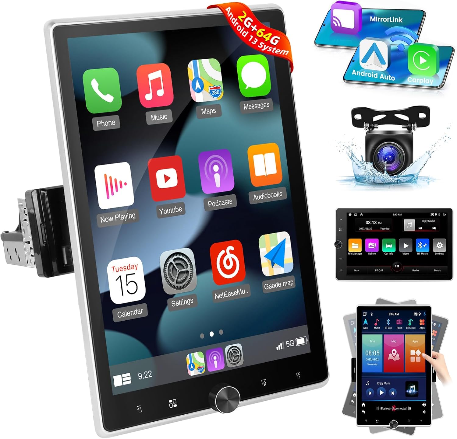 [2G+64G] Android 13 Single Din Vertical Car Stereo Rotatable 10.4 inch