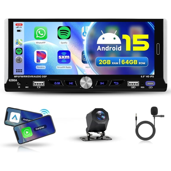 2G+64G Android15  Stereo Single Din   , 6.9 INCH Touch Screen 1 Din  Radio , GPS, WIFI, DSP, FM/RDS Radio, Split Screen,  Audio Receiver with Backup Camera