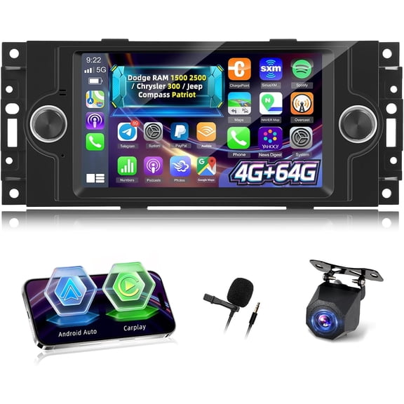 2G+64G Car Radio for Dodge RAM 1500 2500 2006-2008 Chrysler 300 Jeep Compass Patriot, 6.86 inch Android Touchscreen Stereo with Carplay/Android Auto, GPS/WiFi/Bluetooth/SWC/FM/RDS
